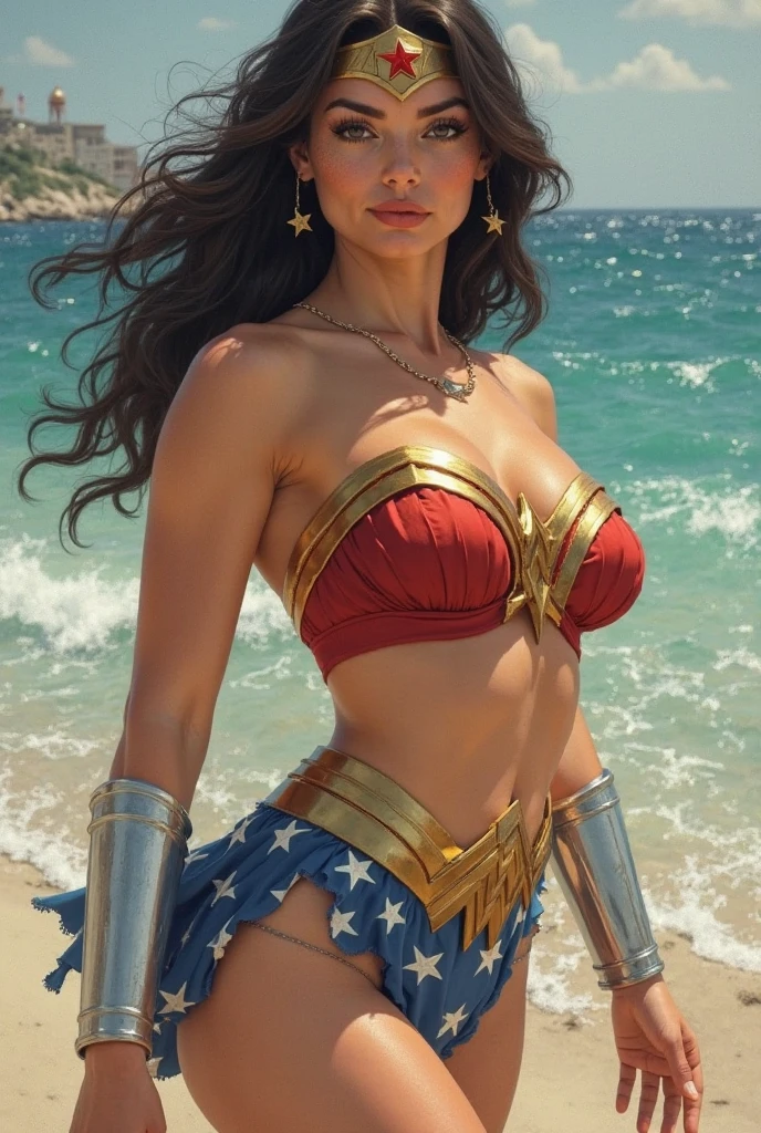 Superhero Woman, morena, fofo, Standing on top of a tall building, Cabo Longo, wearing a red and blue bikini, usando uma capa vermelha