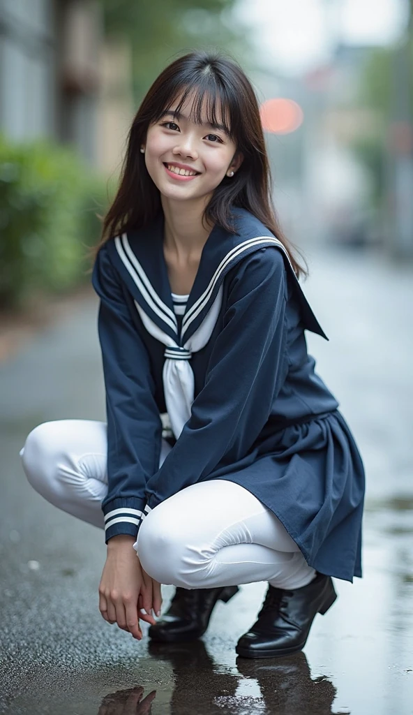 (masterpiece, highest quality:1.2), One girl, alone, Sailor suit, dark blue, Long sleeve, smile, 13 years old