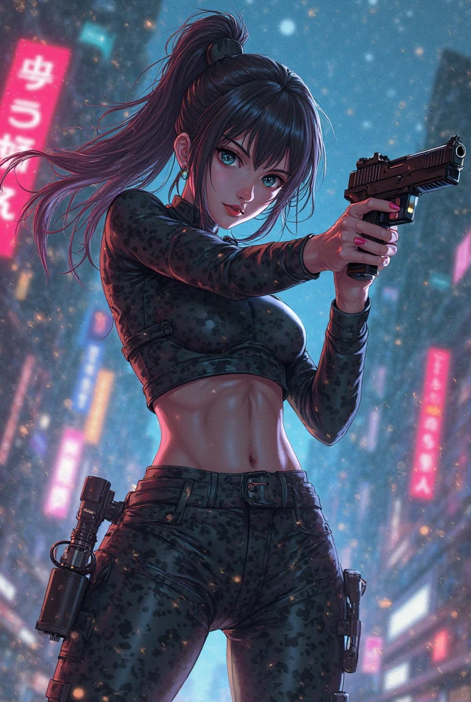 Make a woman anime character body pose with pistol holding
