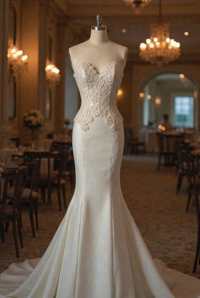 show in a single woman the actress Milla Jovovich from the movie Resident Evil 1, wearing an elegant white evening dress with rhinestone embroidery on the neckline, long light brown hair, with blue eyes, full body from head to toe