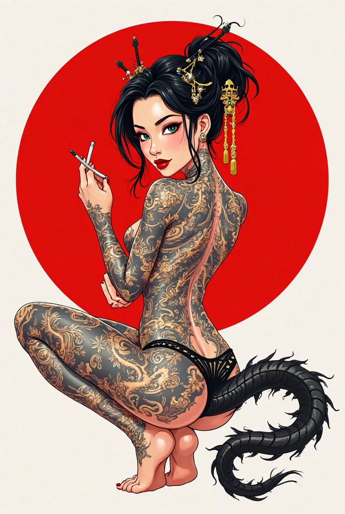 Japanese-style room((Rising dragon tattoo on the back)),18yo,A Neat beautiful girl with a tattoo on his back sitting on a bed, yakuza tattoo on body, by Tadanori Yokoo, geisha tattoo, nobuyoshi araki, by Otake Chikuha, by Kanō Naizen, by Kanō Tan'yū, oriental tattoos, araki, araki nobuyoshi