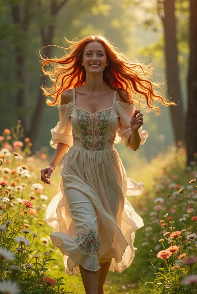 beautiful woman in a nightgown in the morning walking on the grass, four-leaf clovers growing under her feet