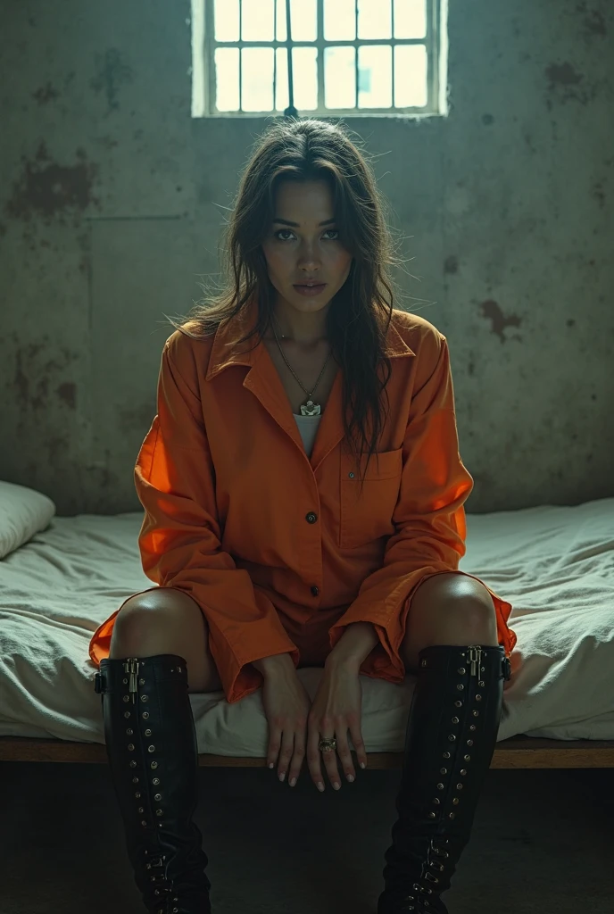 1girl, prison outfit, criminal, antagonist, chains, intricate, detailed, (best quality,4k,8k,highres,masterpiece:1.2),ultra-detailed,(realistic,photorealistic,photo-realistic:1.37),HDR,UHD,studio lighting,ultra-fine painting,sharp focus,physically-based rendering,extreme detail description,professional,vivid colors,moody,dramatic lighting
