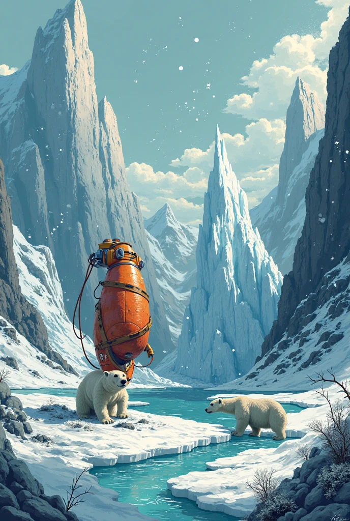 Do it not realistically, do it as if it were a drawing of a nuclear bomb, helping a poor glacier that was melting, In the background more glaciers and that there are also some polar bears