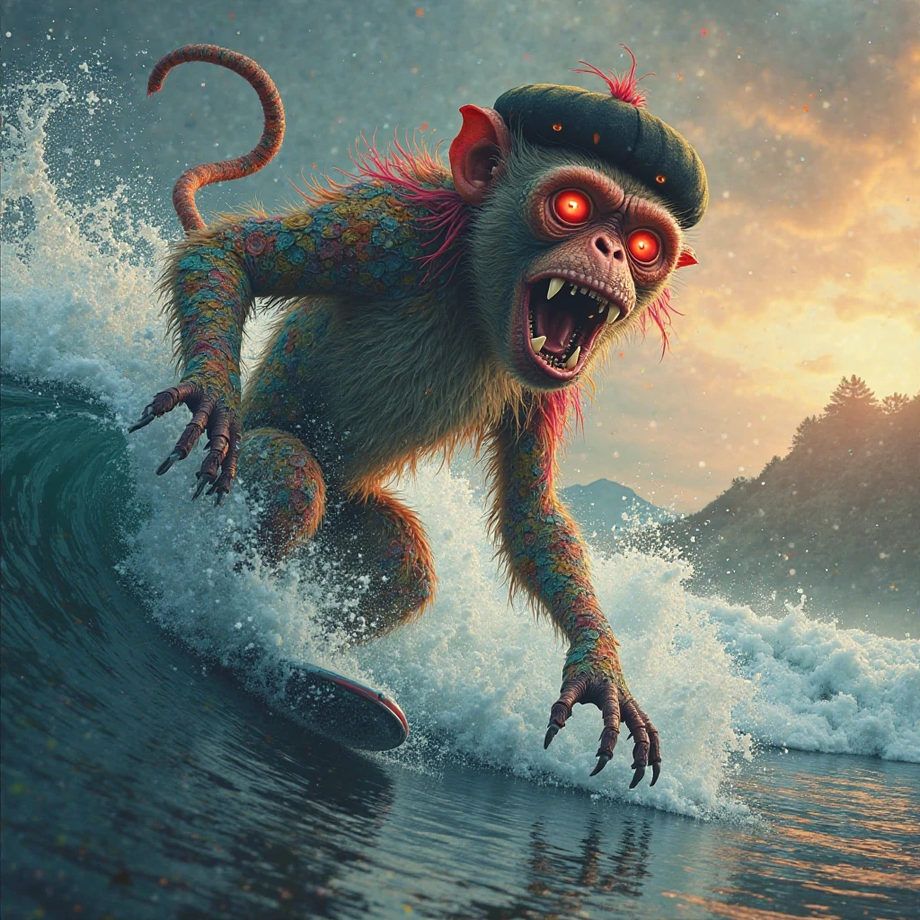 impactful paint of Gollum surfing <lora:The_Classic:1.0>, highly detailed, 8k, sharp, professional, clear, high contrast, high saturated, , vivid deep blacks, crystal clear