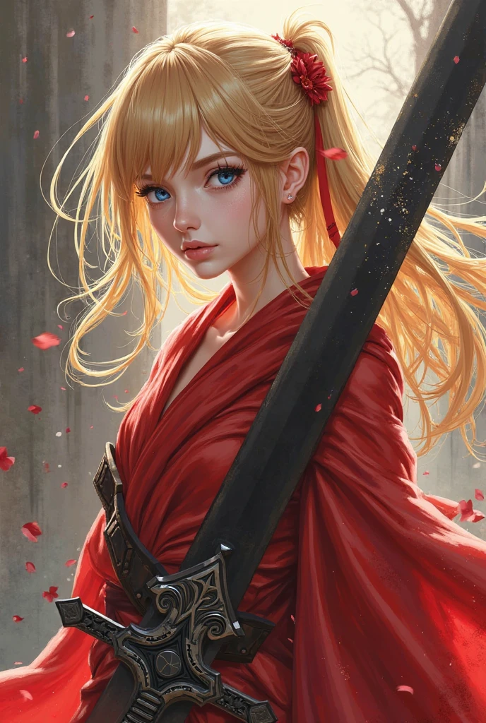 a close up of a blonde woman holding a wooden devil sword and a red background, deep bleeding decaying colors!, in a green green tree leaves short dress