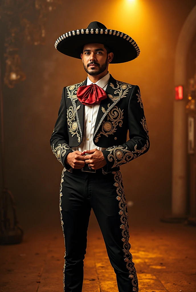 10 year old boy, full body and animated image, dressed as a black Mexican charro with a happy expression on his face, with green background without shadows and uniform