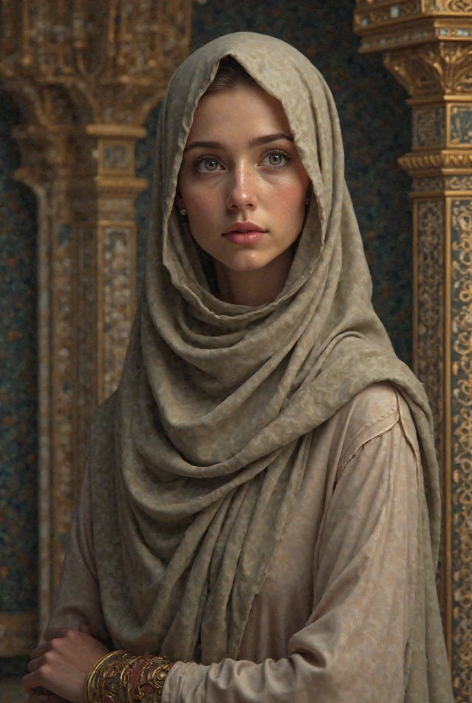 Woman, medieval woman, smile, brown eyes, bald, covered forehead, no visible hair, no hair showing, hair covered, hair completely covered, freckles, white headscarf, veil, white veil, medieval veil, medieval dress, light blue medieval dress, modest dress, golden details, rich, jewelry, 4K, 8K, masterpiece