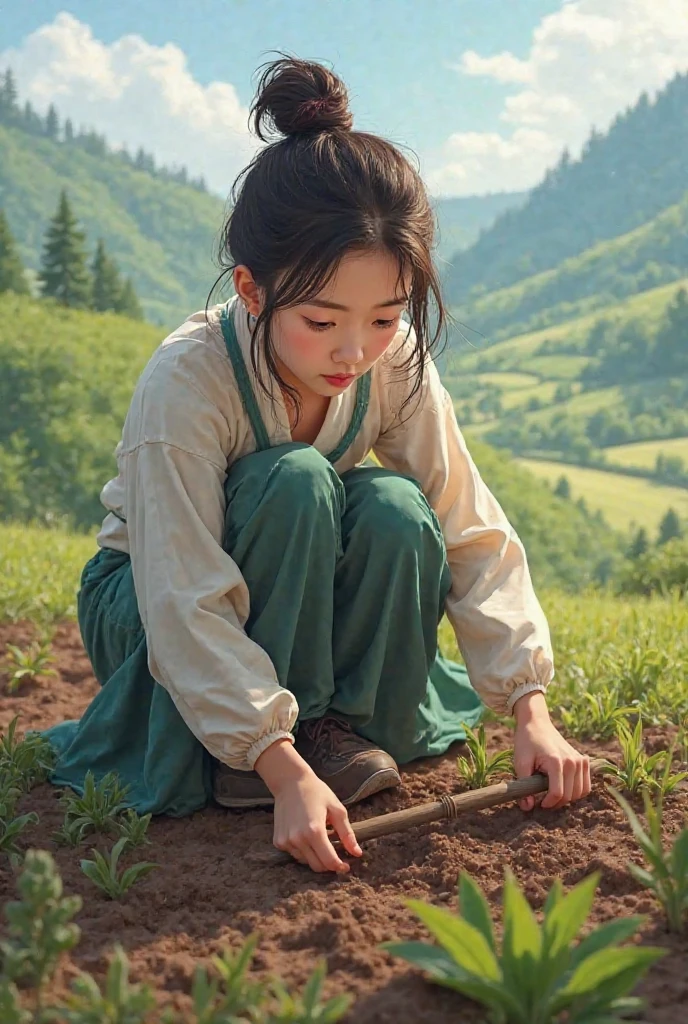 There was a woman sitting on the grass，Holding a flower in hand, shaxi, Chinese girl, nezha, Palace ， A girl in Hanfu, photo taken with canon 5d, on the garden, photoshoot, Li Zixin, traditional photography, Hanfu, shot with canon eoa 6 d mark ii, Chinese traditional, Beautiful image, a young female shaman