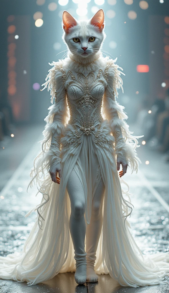 female robot, a haute couture garment made of gold filigree, a cutout design, a delicate lace pattern, intricate details, metallic feathers, in an ancient Chinese style, with exquisite details, chowboy shot, biomimicry, metallic particles, surreal, clam, classic, details, wide shot, cinematic quality, minimalism