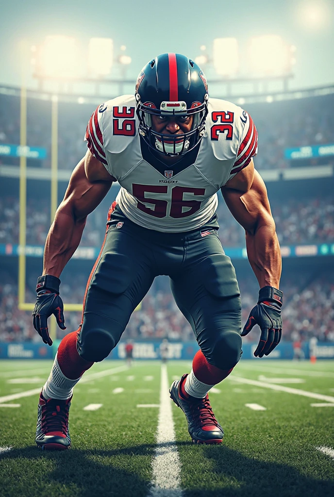 The Rock wearing a knights football uniform black and red with the number 86 with long hair facing away and the name Rock on his nameplate on a football field