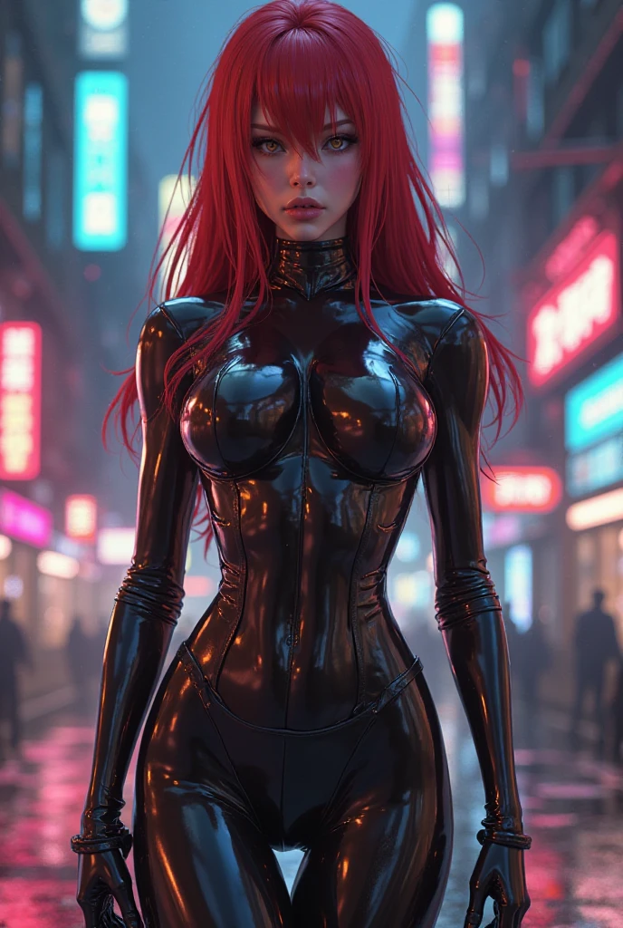 Create a Marvel comics style character that is a Man,pale skin,long eyelashes,Long red wolfcut hair with bangs,full lips,almond-shaped yellow eyes,curvy and almost feminine body,Small waist, big thighs,muscular arms,wearing a black PVC jumpsuit with a long neck and sleeveless,with two holes in the hips