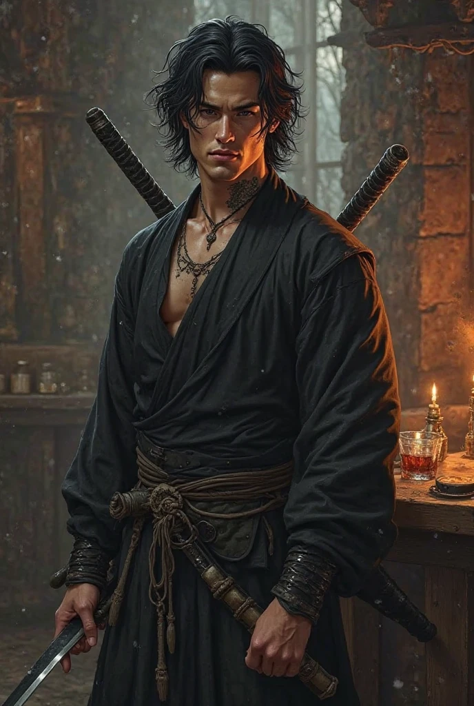 High quality, photorealistic, 20-year-old man, holding a Katana in his hand, surrounded by fire. The man has a determined posture, with his bandaged skin showing his battle scars. He is wearing a dark purple kimono with intricate patterns, paired with a dark purple hakama and black gloves. The lighting is realistic, emphasizing the intensity of the scene.