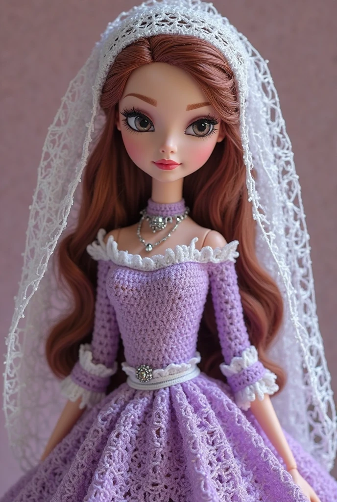 doll, long curly hair below the waist in lilac dress