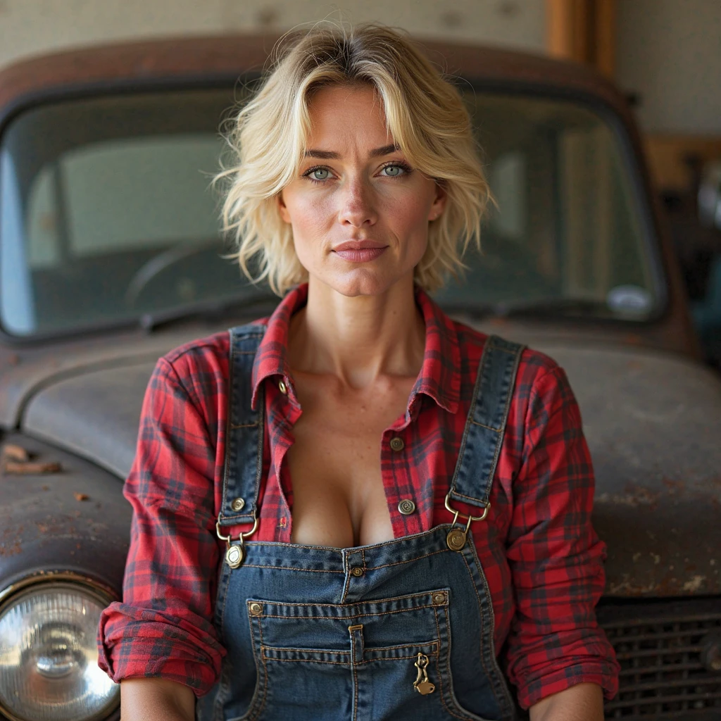 there is a woman standing in a garage with a green truck, old charismatic mechanic, wearing dirty overalls, 55 years old women, wearing overalls, 55 yo, blue overalls, wrinkles and muscles, close body shot, portrait of rugged adult female, mechanic, 55 yo, upper body shot, aged 55, female blacksmith, profile image,Draw a high-definition, ultra-realistic image of a mature woman, around 55 years old, sporting smooth, tanned skin. She must be wearing sexy, white and skimpy lingerie made of transparent organza, creating an extremely sensual atmosphere. Warm tones should enhance the sensuality of the scene. The woman's hair should be short, slightly gray and styled in an elegant way. Additionally, she must display bikini lines, evoking a sense of confidence and self-acceptance. to capture the beauty and natural sensuality that comes with maturity