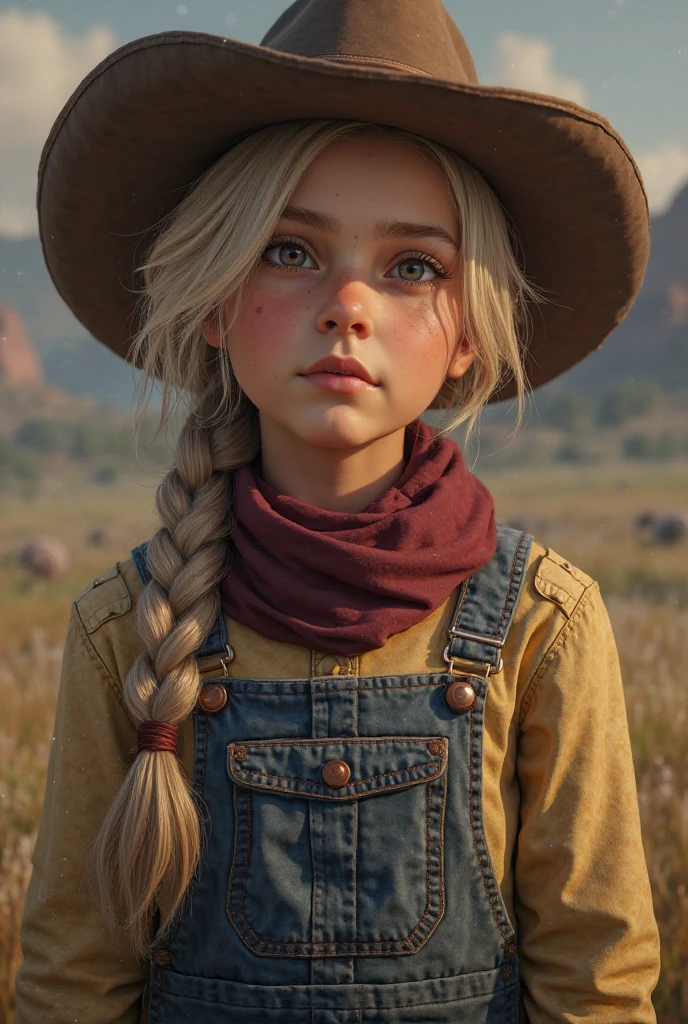 Girl child 10 years old, Russian blonde in braids, in red leather jacket outfit, farmer's hat, holding wheat in her hands.