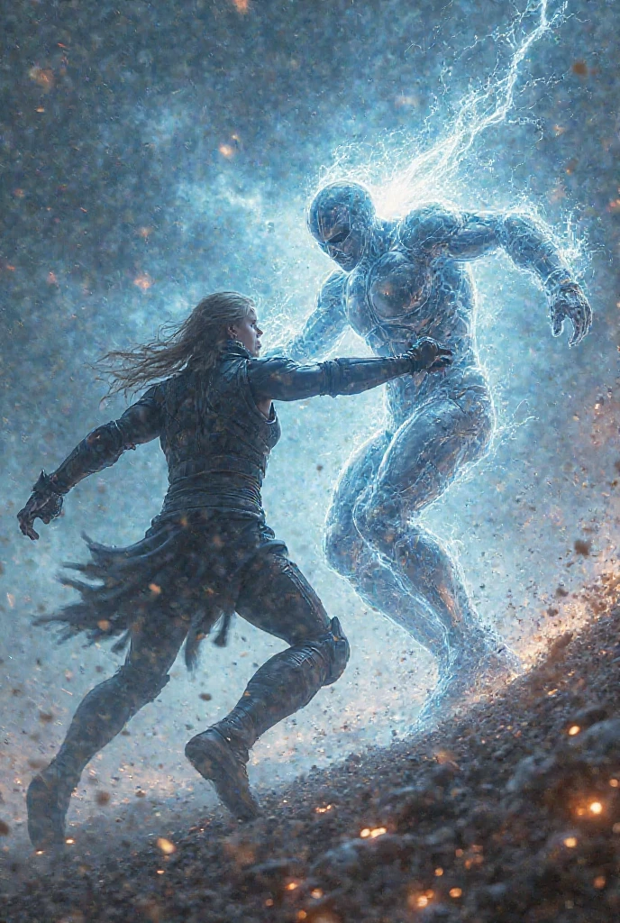 Passionate couple in a celestial landscape, young dark-skinned couple in their 20s, on a battlefield, they fight together, a man and a woman, he is a warrior prince with long curly brown hair, he has two swords, she is a mixed-race blonde warrior princess with grey eyes, she has a spear, Full body, 8K, extremely detailed, high quality, (photorealistic:1.37), Full body, ideal proportions and defined complexion, meticulously crafted features, unreachable beauty, perfection, breathtaking elegance, g curves, goddess-like figures, divine symmetry, artistic masterpieces, vivid realism, hyper-detailed sculptures, life-like forms, truly awe-inspiring, impeccable craftsmanship, pure radiance, ethereal beauty, delicate contours, striking poses, sublime beauty, subtle nuances, dynamic compositions, vibrant colors, perfect lighting, soulful expressions, celestial aura, majestic presence, dreamlike atmosphere, unmatched gdetailed octane render trending on artstation, 8 k artistic photography, photorealistic concept art, soft natural volumetric cinematic perfect light, chiaroscuro, award - winning photograph, masterpiece, perfect composition, beautiful detailed intricate insanely