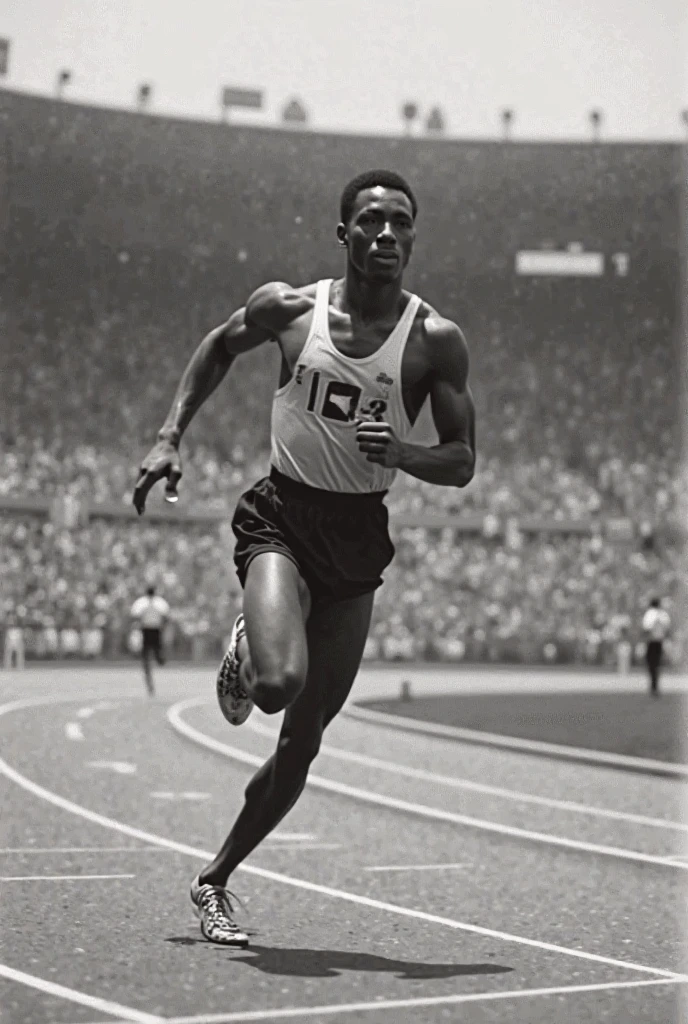 create an image of Jesse Owens running in a world sports olympic stadium, dressed in a red olympic uniform, black and green with a determined countenance, in the stands a crowd of Africans cheers for him,