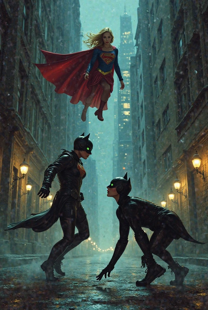 Muscular Batman and Robin, who is a girl, jump from a building. It's raining heavily and there's a strong wind. 
