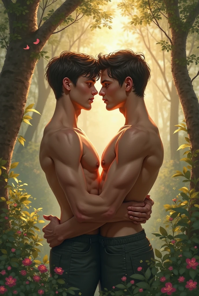 Leafeon human version. Attractive man, short black hair, young, muscular. shirtless. trouserless. kissing a man