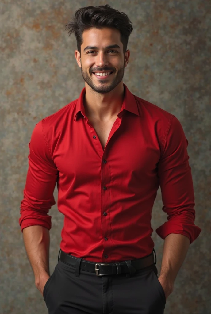 Tall man, Caucasian skin, asymmetrical face, impressive features with the characteristics of actor Nick Bateman, standing wearing a red dress shirt showing his arms, and jeans and cap smiling