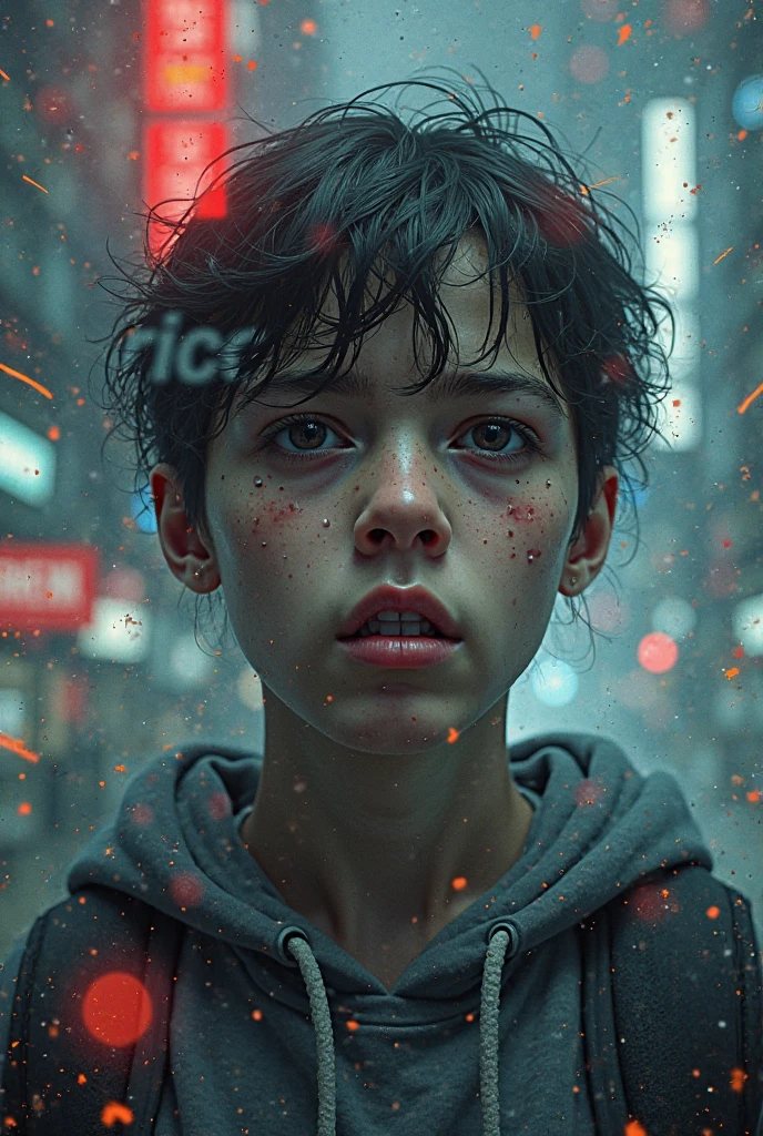 Desperate Solitude Amid Cataclysmic Chaos: Hyperrealistic Vision of Girlhood Innocence Lost in Futuristic Apocalypse: Witness the devastation wrought by colossal bioluminescent monsters laying waste to a once-thriving metropolis, transformed into a battleground of neon-bathed destruction. Amidst the turmoil, a vulnerable adolescent girl stands alone, clutching her sodden clothes, her frightened gaze fixed upon the viewer as tears stream silently down her cheeks. Haunted by the terror unfolding before her, she represents humanity's last vestiges of innocence amidst the catastrophic collapse of society. Renowned artists Casey Baugh, Ilya Kuvshinov, and Yoshitaka Amano inspire the creation, characterized by hyperrealistic detail and innovative ray tracing techniques that breathe life into the scene. Reflective surfaces, such as rain-soaked pavement and fractured glass shards, mirror the pandemonium, intensifying the emotional charge. The juxtaposition of vulnerability and violence urges viewers to confront societal breakdown, forcing us to question whether compassion retains relevance in a world consumed by chaos.