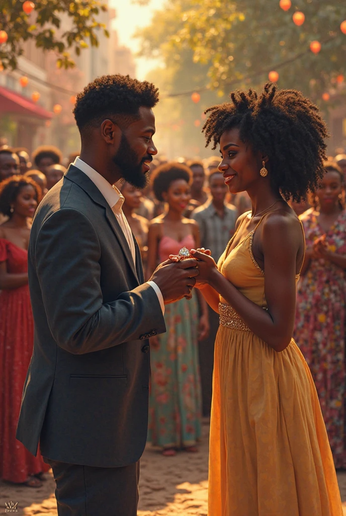 Diallo ( homme ) tend la main à Amina (Amina femme ) pour l'inviter à danser, et elle accepte avec un sourire timide. (africain)