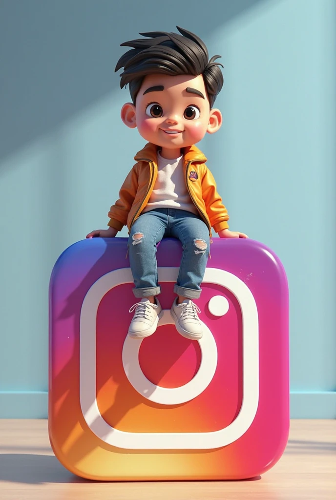 A boy sitting on the Instagram box and it is written on his chest sanjay