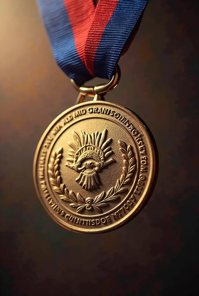 a gold medal like a shield,(((The word "Aegis" is engraved on the))) ,Shield of Goddess engraving, (Angle from the front), Medal ribbon