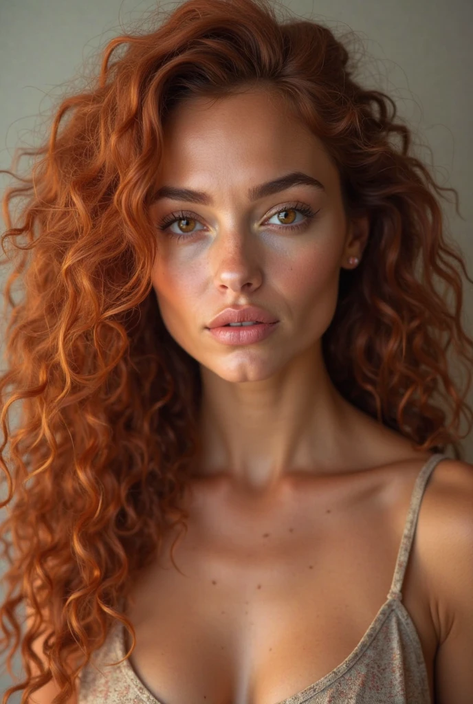 A white Brazilian woman with her hair dyed a natural dark copper red, very long and very curly, not voluminous, rosto angelical, chubby and oval face, very beautiful, eyes browns, small and round mouth, slightly large cheeks, round eyes, big eyelashes, small and cute nose, round chin, wears well-defined eyeliner and a Carlos Marighella shirt and a denim skirt.