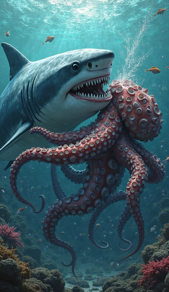 Hello, can you help me create a macro close-up of the head of a sperm whale, its half-open mouth bites several tentacles of a giant squid that fights with the sperm whale, the details are biologically very precise, in the background you can see the surface of the sea and the lighting of the sun