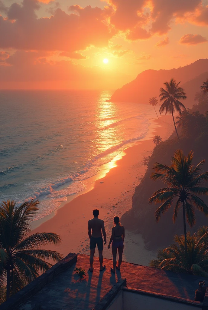 Bloody Beach, palmiers, sunset A man and a woman at the edge of the sea from behind holding hands covered in blood