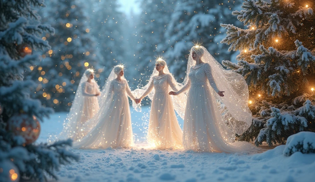 8 YEAR OLD IDENTICAL TWINS WINTER PRINCESSES, WEARING WHITE PRINCESSES DRESSES, WINTER, SNOWING, NATURE, SURRONDED BY WHITE DIREWOLVES, 8K, detailed matte painting, deep color, fantastical, intricate detail, splash screen, complementary colors, fantasy concept art, 8k resolution trending on Artstation Unreal Engine 5"
