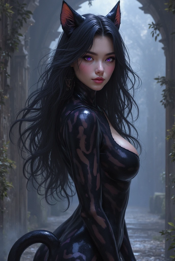 Olivia Wilde as Morticia Addams, wearing black dress cleavage showing, pale white skin, black hair, beautiful detailed eyes, big round breasts, slim waist, wide hips, slim body, ; PhotoRealistic, Ultrarealistic, highres, 8k, dark cinematic lighting; garden behind her house, night time, bending over ass view