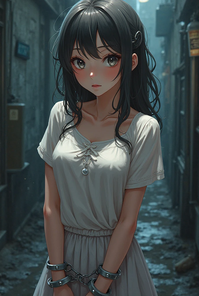 (((masterpiece))),Highest quality,Perfect Anatomy,best illustration,cowboy shot,1woman、30 year old beauty、独奏,((very small head:1.5)),black hair,long hair,bangs,black eyes,gorgeous eyes,blush,sad,tears,medium breasts,((very long body:1.3)),(toned body,slender body,skinny),gleaming skin,shiny skin,oily skin,sweat,(school uniform)、sitting,Simple bedroom、World of Blade Runner