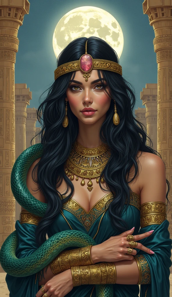 Cléopâtre, reine d'Égypte, Femme mature chaude, très enceinte, une peau de serpent, sexy , corps maternelle, Égypte antique, grosse poitrine, un temple égyptien,robe rouge et maron couleur sable, moule le corps, vêtements transparent, de long cheveux noirs raide , orné de nombreux bijoux enceinte de quintuplé, poitrine gonflé qui ejecte du lait, dents serpent visible, sourit, avec des yeux doré, pupilles reptilienne, femme serpent, gorgone.