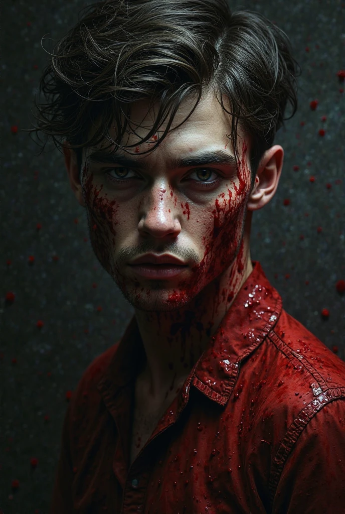Create one man, white, black hair, green eyes, with blood on body