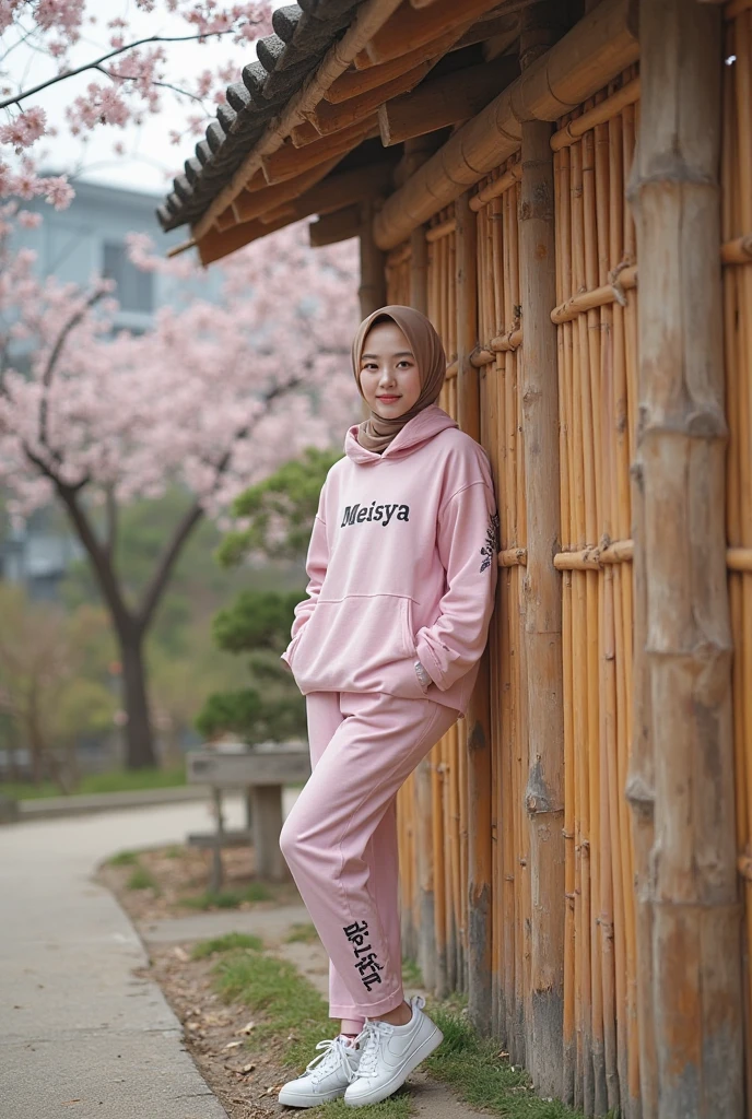Beautiful white-skinned Korean woman, wearing a pink hijab, wearing a pink knit hoodie with red stripes, with a Santi logo, wearing a watch, standing on a bridge near a cherry tree, with a background of blooming cherry trees, river, bridge, green grass, trees cherry, original photo