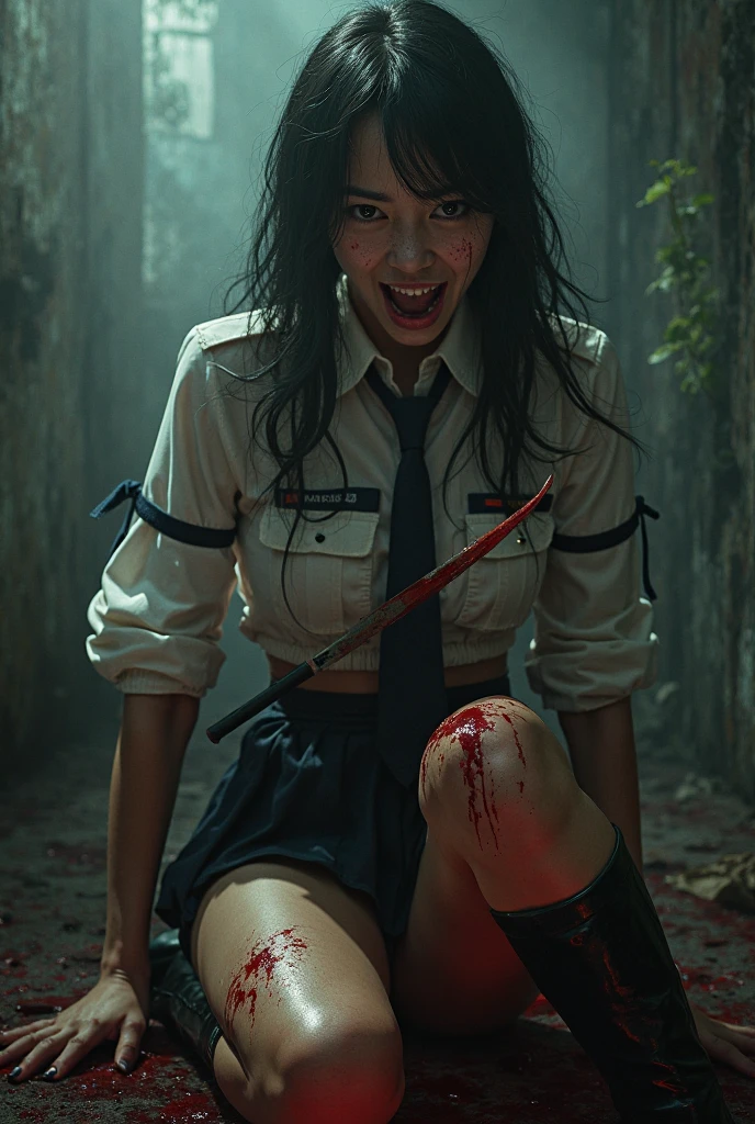 A cover image of a woman wearing a Thai school uniform, white shirt, black A-line skirt, fighting a horde of zombies, wearing different clothes, the character's face is fierce, blood splattered, blood everywhere, with a baseball bat hitting the zombie's head. She wears tattered clothes, do not expose herself. This scene is dark and atmospheric, with a realistic and fierce style. The background is an old Thai temple, with a broken tuk-tuk parked, with a zombie's hand coming to grab her from the front.