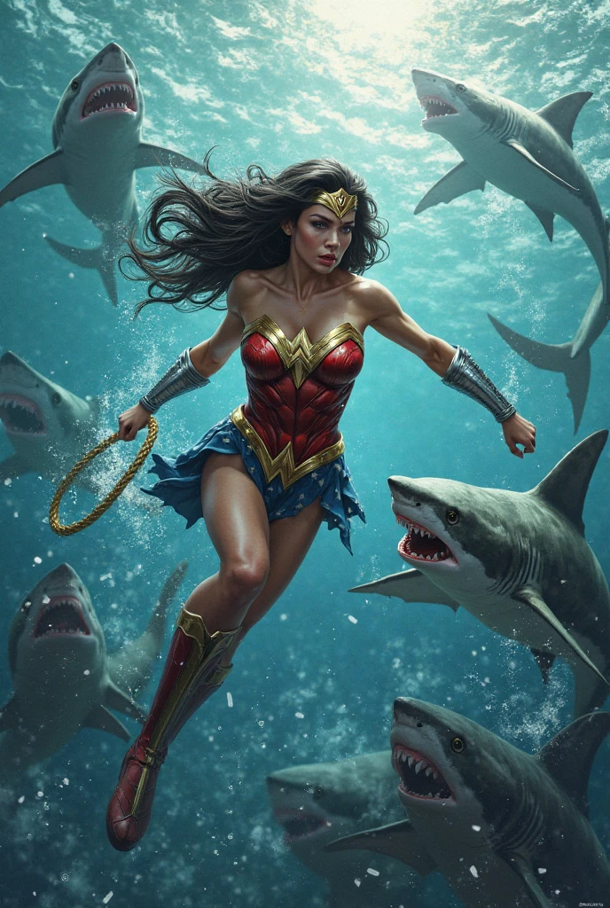 Wonder woman, big breasts, perfect body, Busty, ocean floor, underwater, Fighting with Shark, power, blood, Kick, Attack