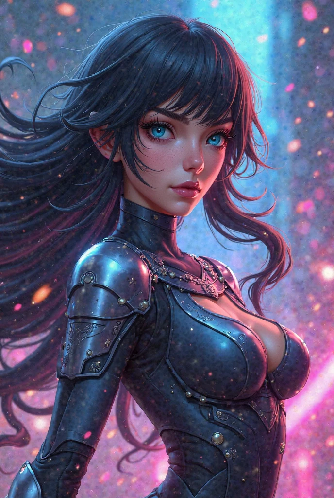 Digital art, by IrinaKapi.
Lady night, perfect black, portrait of a girl with blue-black hair, creative haircut, silver flashes of light, bow tie, ultra detailing of clothes, silver inserts, silver little horns, starlight in the eyes, big blue eyes, intricate details, masterpiece, shine skin, magical realism