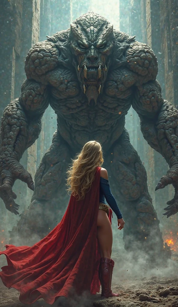 Supergirl ripping open the chest of a gigantic creature with her torn and burning costume