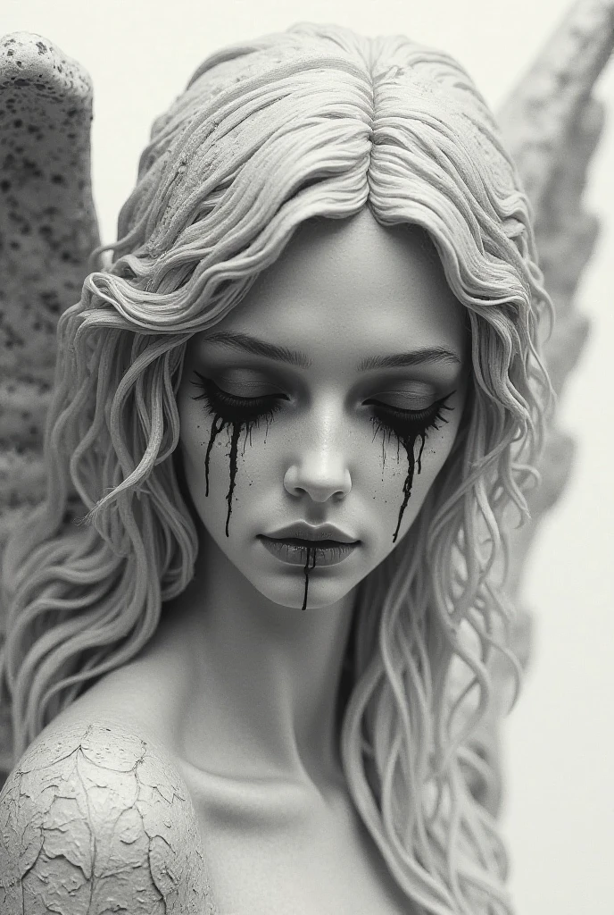bs, solo, simple background, monochrome, upper body, greyscale, bodysuit, black background, 1other, monster, arms at sides, horror (theme) there is a large-breasted woman in the picture with her arms torn off and her face bleeding, ravens flying in the background, stocking, hot lingerie, big boobies, red paint splatted on it