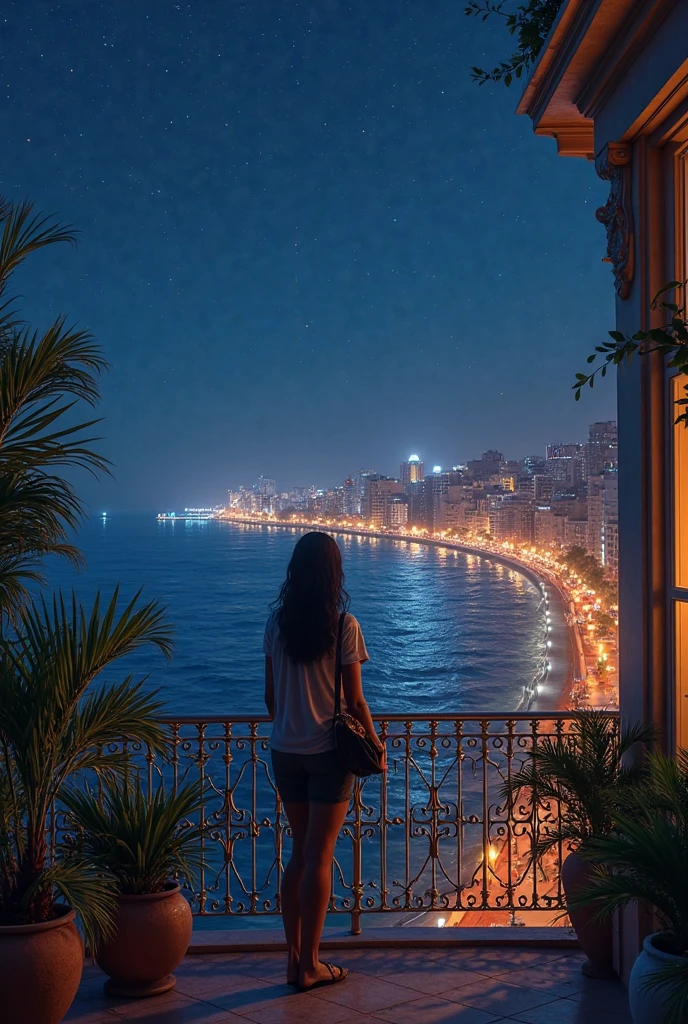 Sentada no telhado de uma casa vendo ceu estrelas lua musica clima noite, esperando 
