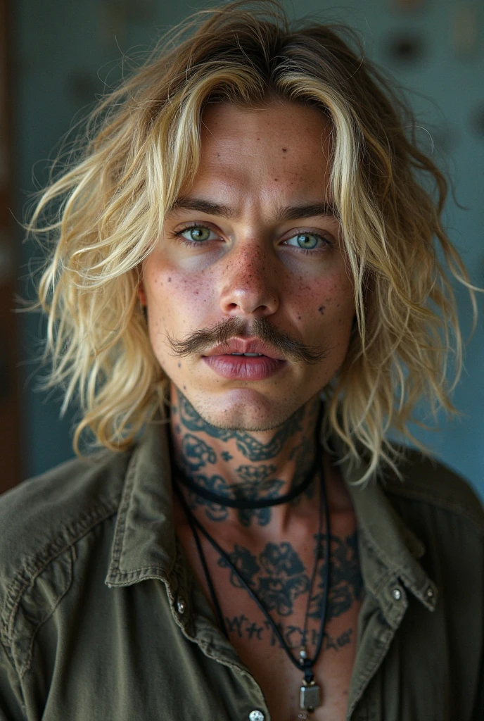 a man with a scarf around his neck , alt_style , alternative culture , alternative style , tattoos:0.2, <lora:alt_style:1.0>