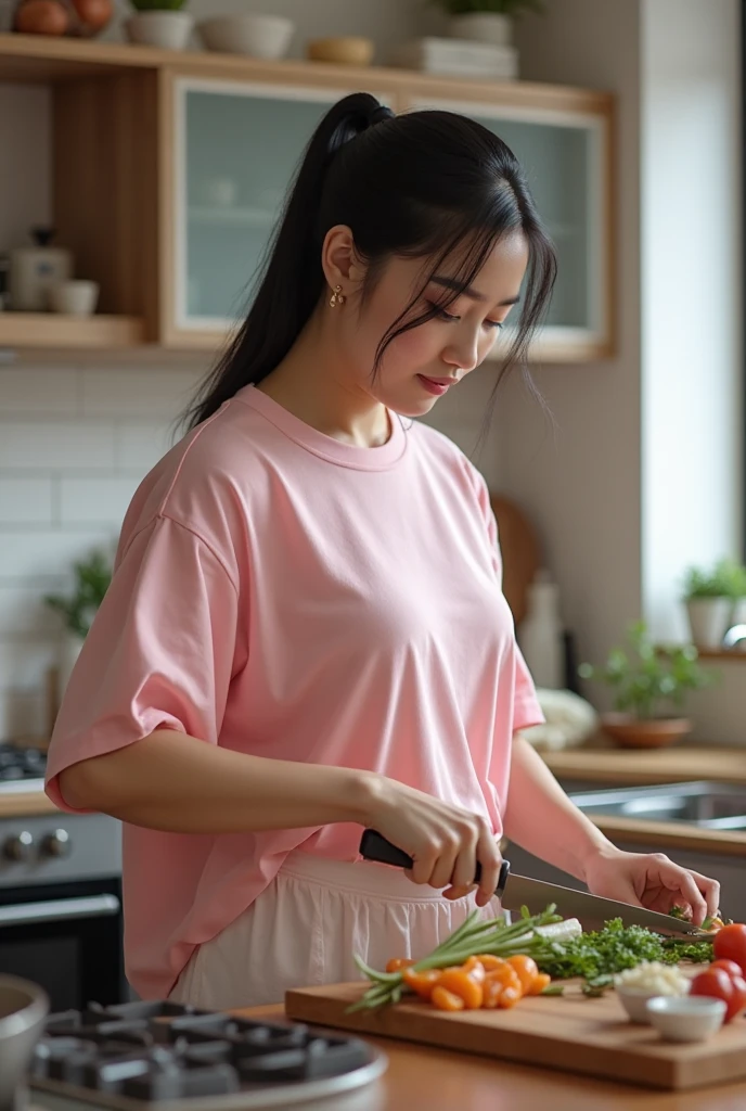 A beautiful female student wearing a university shirt and underwear is standing in the kitchen boiling instant noodles.,kitchen,realistically,realistic,side view