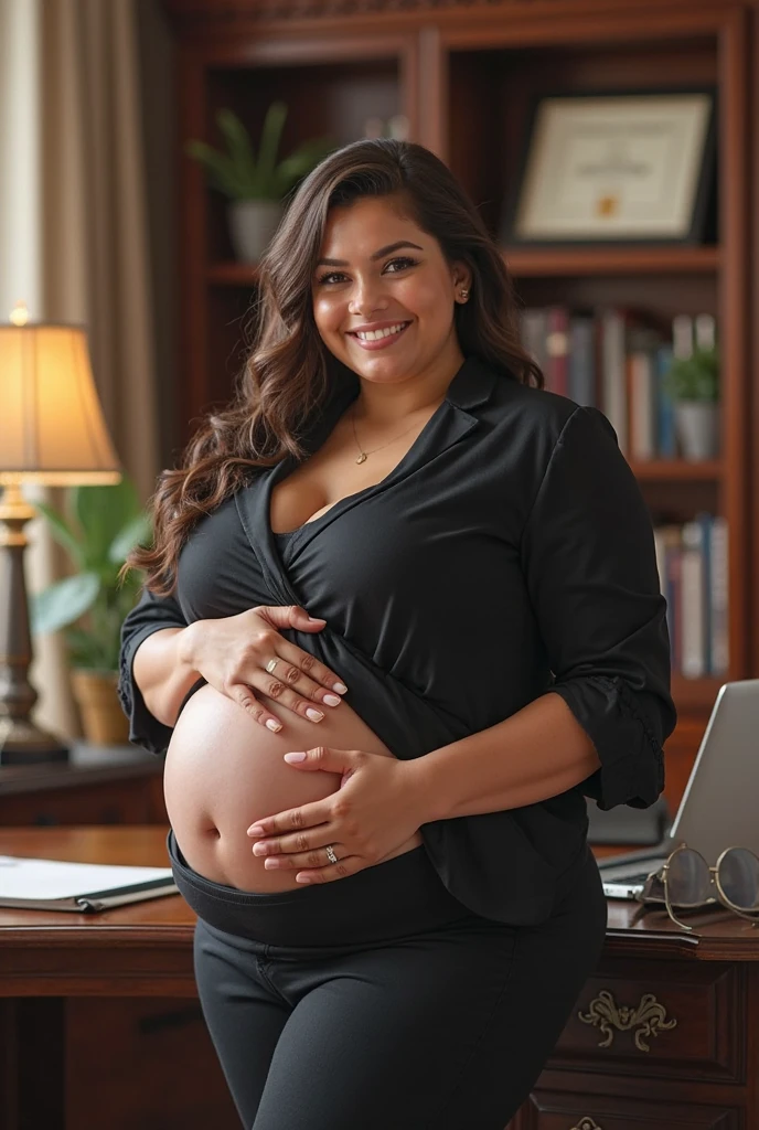 An elegant, pregnant secretary, Eleonora Pavinat, elegant business attire, high heels, huge breasts, protruding pregnant belly, fainting