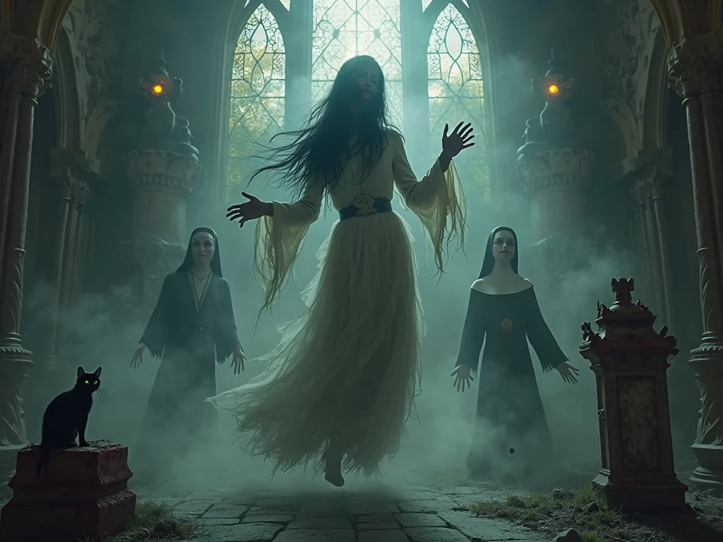 The words "Kon Murshid ?" written in large letters at the bottom of the screen, Mysterious Fog, Symbols of death appearing from the mist, reaching out to grab you, an ominous atmosphere, a production that stirs up anxiety and fear, ((masterpiece, highest quality, Highest image quality, High resolution, photorealistic, Raw photo, 8K)), ((Extremely detailed CG unified 8k wallpaper)), (huge stunning goddess shot, very hot and sexy, jaw-dropping beauty, perfect proportions, beautiful body, slim body beauty:1.4),