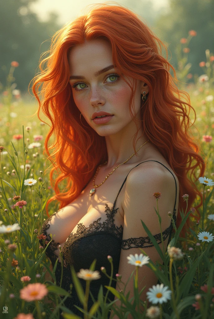 ultra realistic, photography, long red straight hair, 24 years old, hourglass figure, perfect fit body, natural medium breasts, (Best Quality,high resolution), a small black bow in her hair, vivid colors, Sharp focus, beautiful detailed eyes, beautiful detailed lips, White skin, Lovely makeup, soft and flowing hair, delicate features, elegant pose, gentle smile, background with flowers, garden landscape, soft sunlight, full body picture