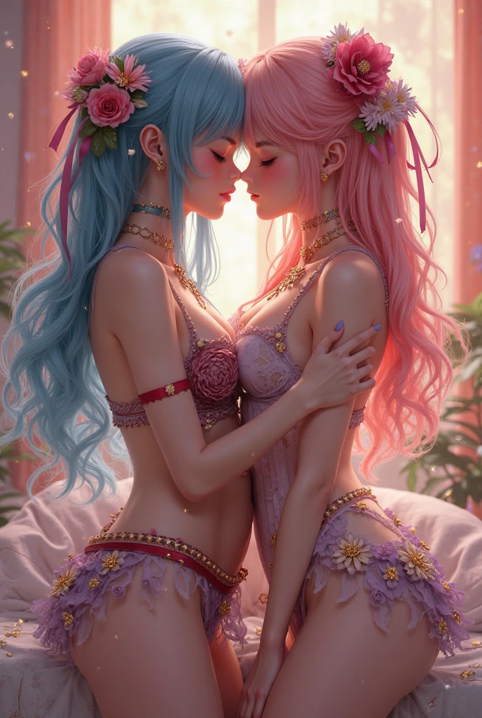 Best quality,Amazing,Masterpiece,Delicate,超高分辨率,Ultra detailed,intricately details,Beautiful detailed,8K resolution,(Extremely detailed Cg Unity 8K wallpaper),Sharp focus,((No text)),breast conscious,Huge bare breasts,Areola bareness,Bare breasts explode,Lively bare breasts,Bare breasts,High transparency and transparency of bikini tearing,,Tongue stock,Makeup,cheerfulness,Reflectors,ahegao,Pink eyes,Heart earrings,2girls,Female pervert,view the viewer,hair flower,Long hair,multicolored hair,Shiny hair,Barefoot,Bottomless,Thick thighs,Bare legs,Look at each other from the front、((Feminine kiss))、(((French kiss for women)))、Women hugging each other,As if pushing each other、Staring at each other、Moist eyes、half-open lips、Beautiful、Red blush(0.2)、Functional、seductiv、Trance、instigate、Beauty、bustup、Shunguang、、Shoot diagonally down from the front、precise drawing、Detailed drawing、Precise anatomy、